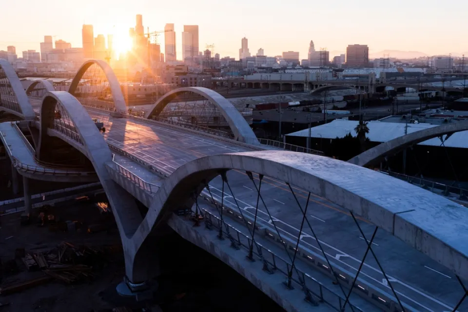 View of 6th Street Bridge with Los Angeles skyline in background